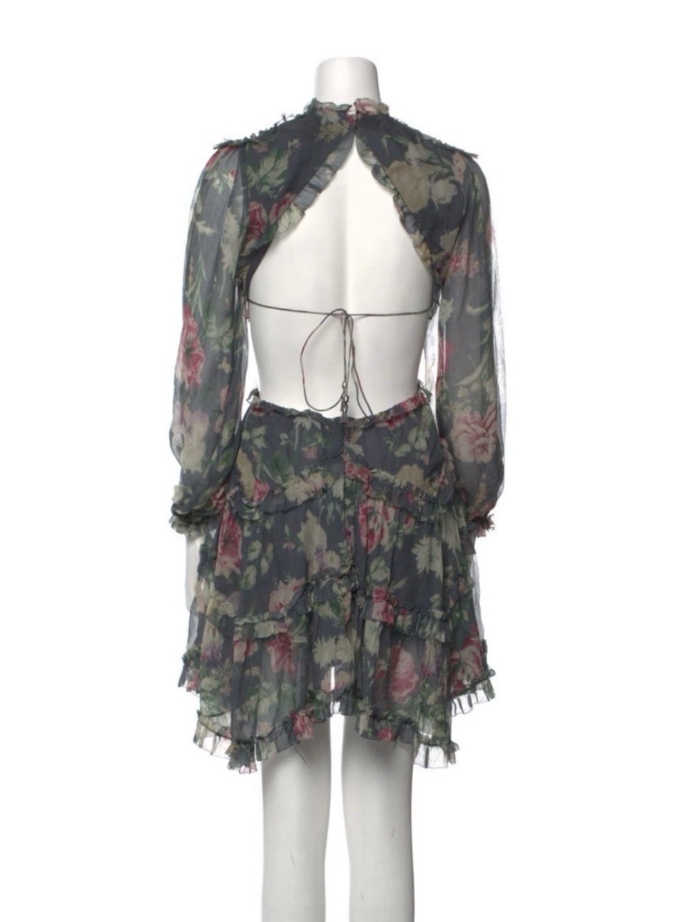 Zimmermann Floral Open-Back Long Sleeve Mini Dress in Gray and Pink